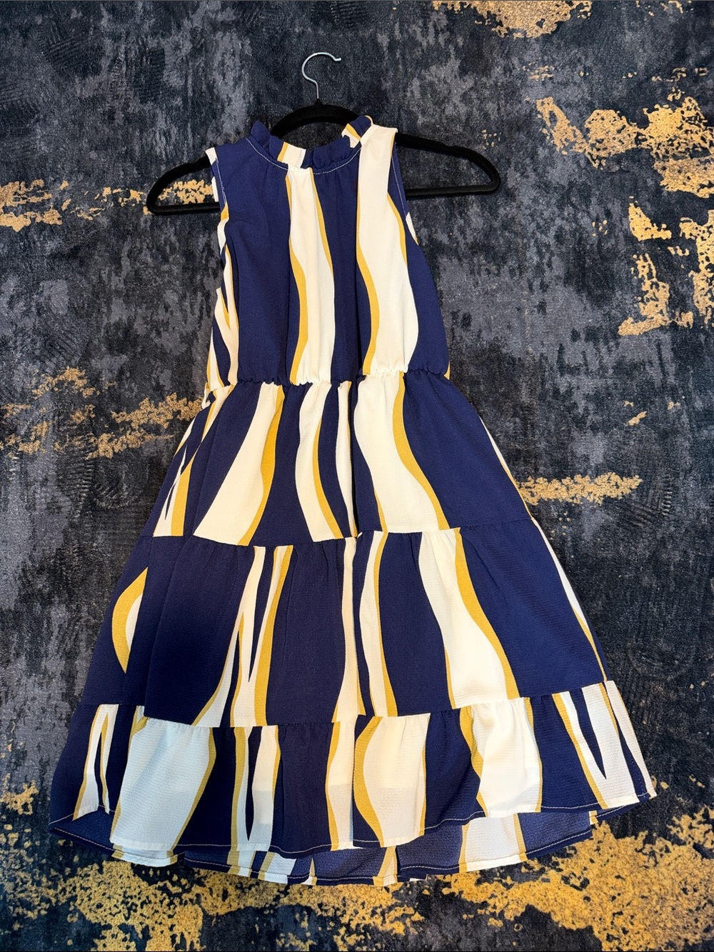 Source Unknown Navy, White & Yellow Wave-Print Tiered Midi Dress - Picture 1 of 2